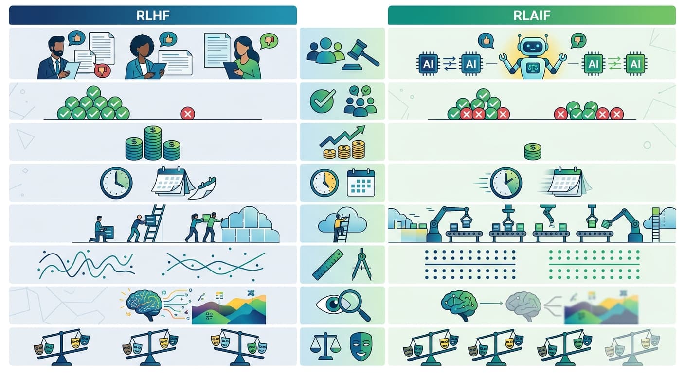 RLHF vs RLAIF: Comparing Human Feedback and AI Feedback for LLM Alignment