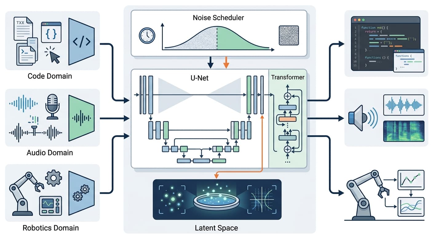 Diffusion Models Beyond Images: How Stable Architecture Is Entering Code, Audio, and Robotics