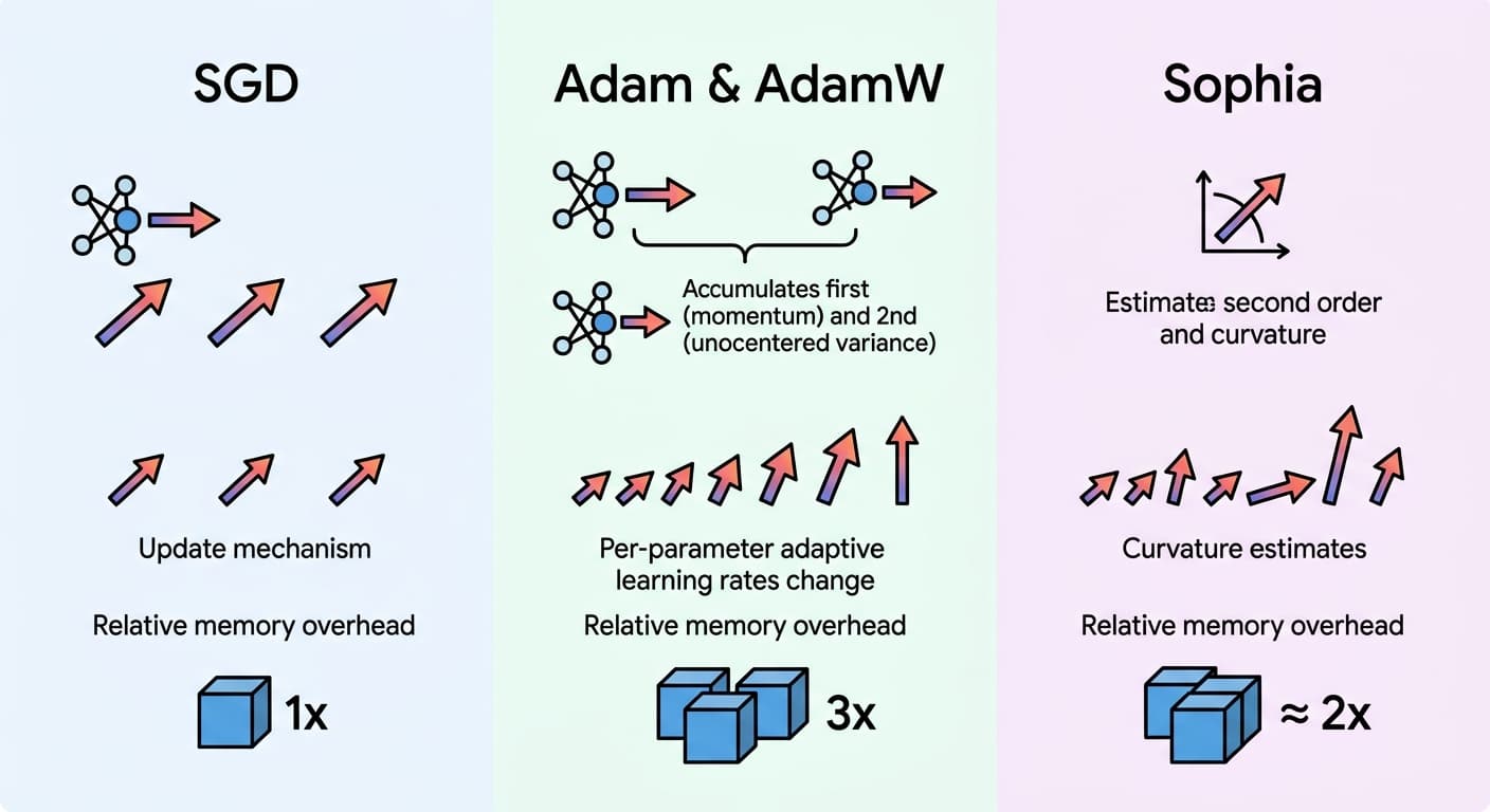 Gradient Descent Variants for LLMs: A Practical Comparison of SGD, Adam, AdamW, and Sophia